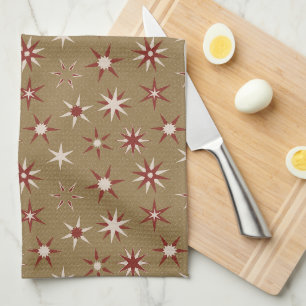 Christmas Red Geo Stars - op gouden patroon. Theedoek