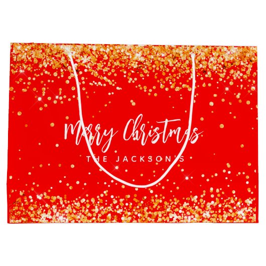 Christmas red gold sparkles name groot cadeauzakje (Achterkant)