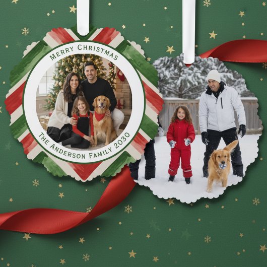 Christmas Red Green Chevron Easy 2 Photos Ornament Kaart