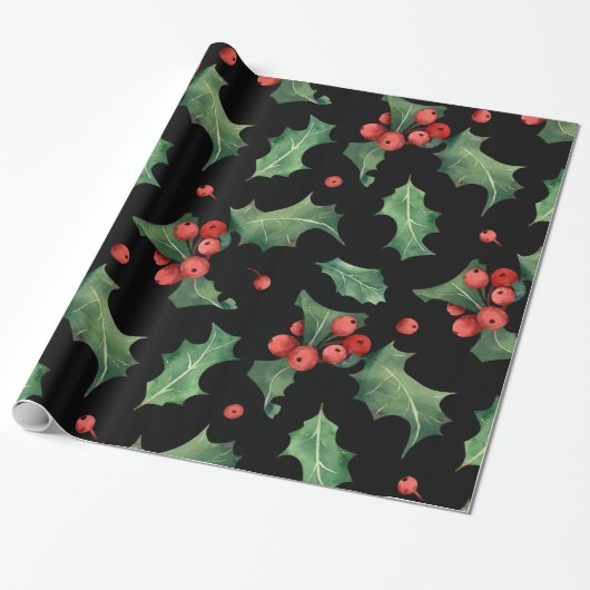 Christmas Red Green Mistletoe Black Cadeaupapier (Uitgerold)