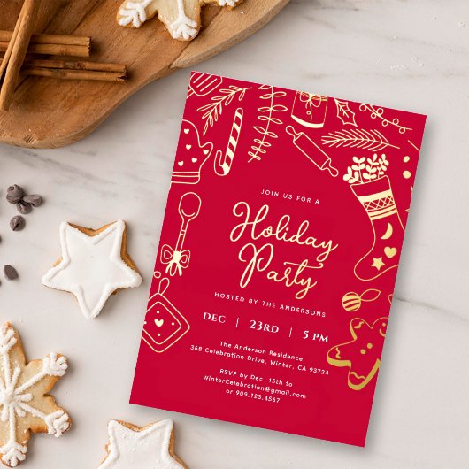 Christmas Red Hand Drawn Holiday Baking Party  Folie Uitnodiging