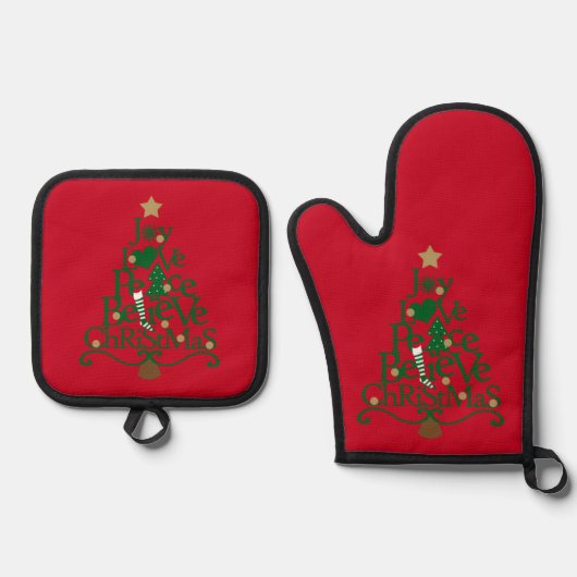 Christmas Red Holiday Word Tree Ovenwant & Pannenlap Set (Voorkant)