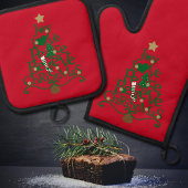 Christmas Red Holiday Word Tree Ovenwant & Pannenlap Set