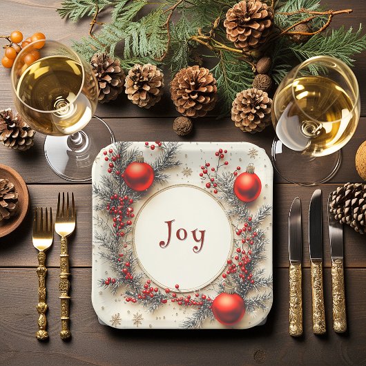 Christmas Red Ornaments Berries Snowflakes Papieren Bordje