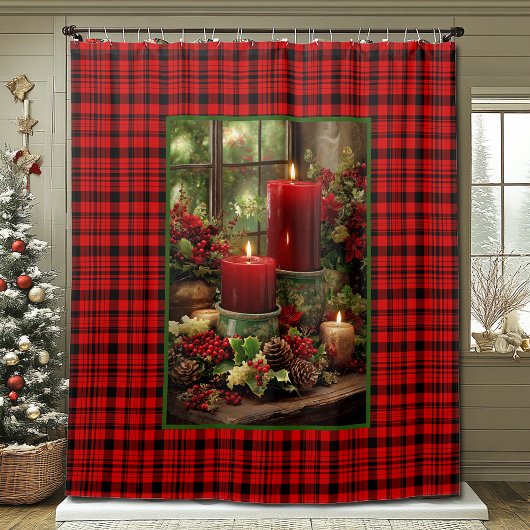 Christmas Red Plaid Red Candles Pine Cones Douchegordijn