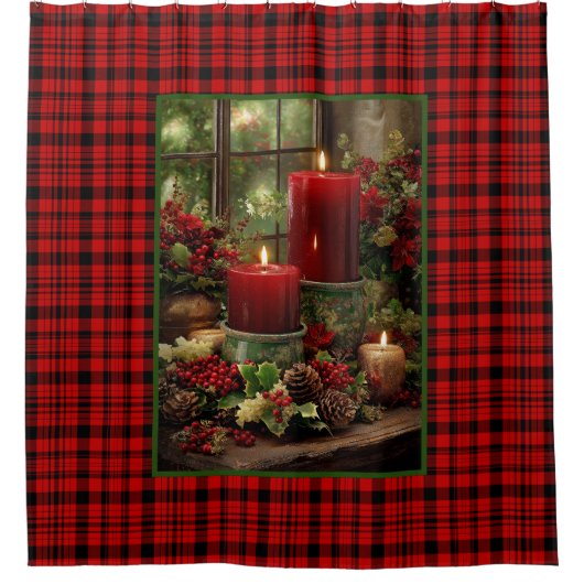Christmas Red Plaid Red Candles Pine Cones Douchegordijn (Voorkant)