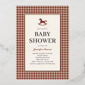Christmas Red Plaid Rocking Horse Baby shower Folie Uitnodiging (Voorkant)