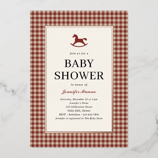 Christmas Red Plaid Rocking Horse Baby shower Folie Uitnodiging (Voorkant)