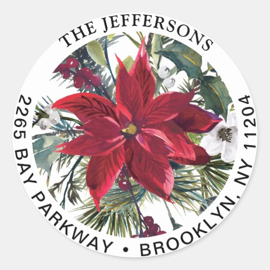 Christmas Red Poinsettia Retouradreslabel Ronde Sticker (Voorkant)