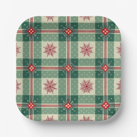Christmas Red Snowflakes Green Checks Pattern Papieren Bordje (Voorkant)