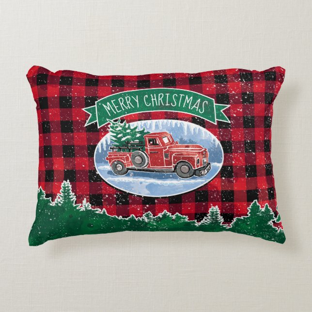 Christmas  Red Truck Buffalo Plaid Naam toevoegen Accent Kussen (Voorkant)