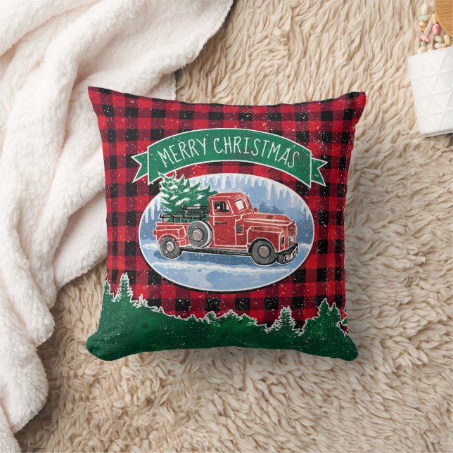 Christmas  Red Truck Buffalo Plaid Naam toevoegen Kussen (Deken)