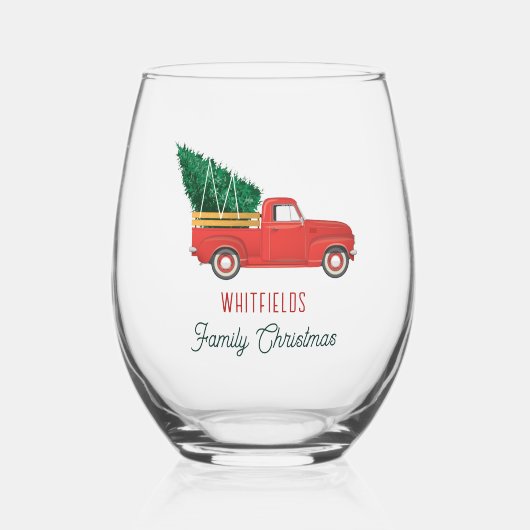Christmas Red Truck Family Holiday Custom Wijnglas Zonder Voet (Voorkant)