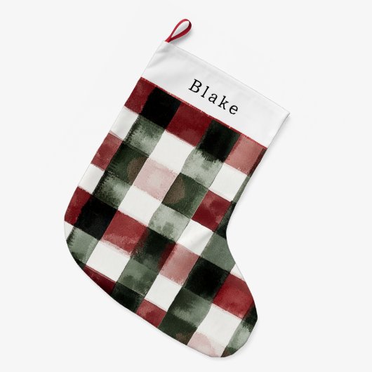 Christmas Red White Green Plaid Stripes Grote Kerstsok (Voorkant (Hangend))
