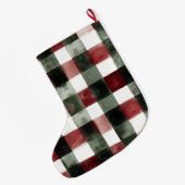 Christmas Red White Green Plaid Stripes Grote Kerstsok (Achterkant (Hangend))