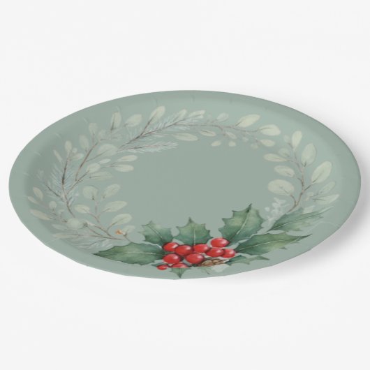 Christmas red winter berries and greenery papieren bordje (Gekanteld)