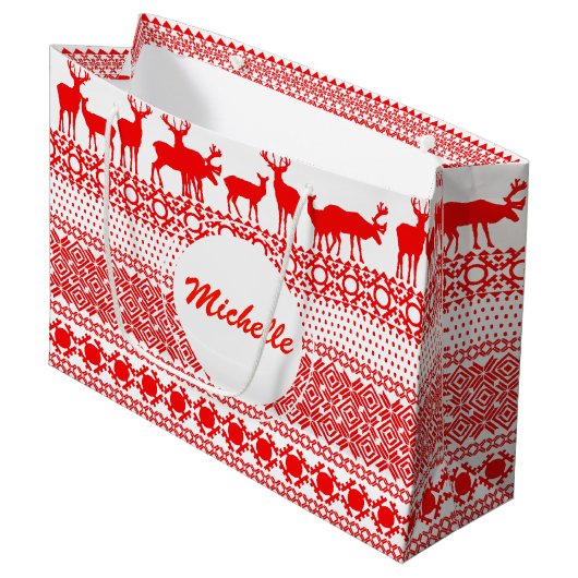 CHRISTMAS REIN DEER LAPLAND Red PATTERN Gift Bag Groot Cadeauzakje (Voorkant Gekanteld)