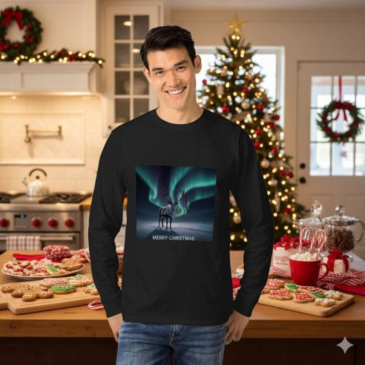 Christmas Reindeer Aurora Borealis Night Sky T-shirt