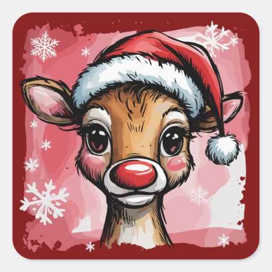 Christmas Reindeer Brushstrokes Preppy Xmas Girly Vierkante Sticker (Voorkant)