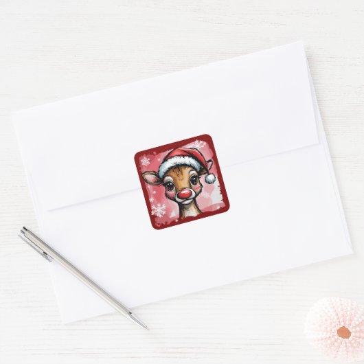 Christmas Reindeer Brushstrokes Preppy Xmas Girly Vierkante Sticker (Envelop)