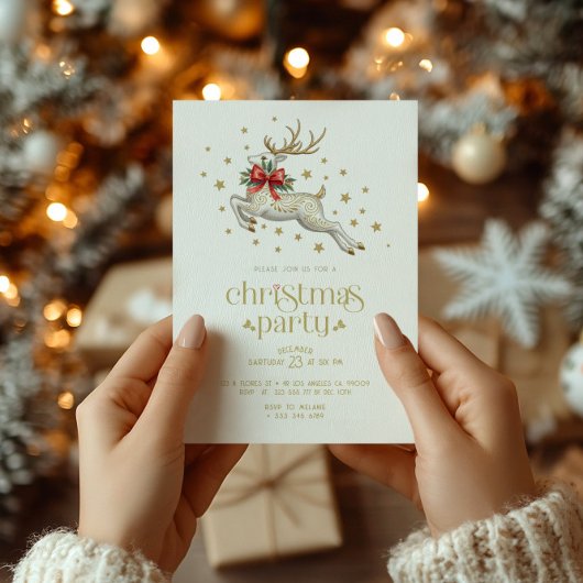 Christmas Reindeer Gold Typography Party Invite Kaart