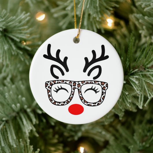 Christmas Reindeer Leopard Glasses Holiday Keramisch Ornament (Boom)