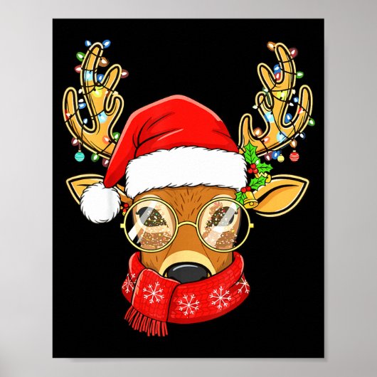 Christmas Reindeer Lights Gles Santa Hat Deer Xmas Poster (Voorkant)