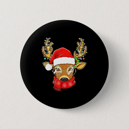 Christmas Reindeer Lights Gles Santa Hat Deer Xmas Ronde Button 5,7 Cm (Voorkant)