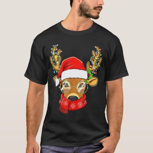Christmas Reindeer Lights Gles Santa Hat Deer Xmas T-shirt (Voorkant)