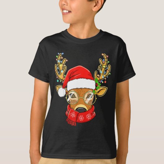 Christmas Reindeer Lights Gles Santa Hat Deer Xmas T-shirt (Voorkant)