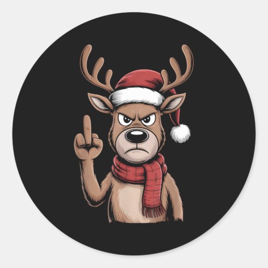 Christmas Reindeer Middle Finger Sarcastic Xmas Fu Ronde Sticker (Voorkant)