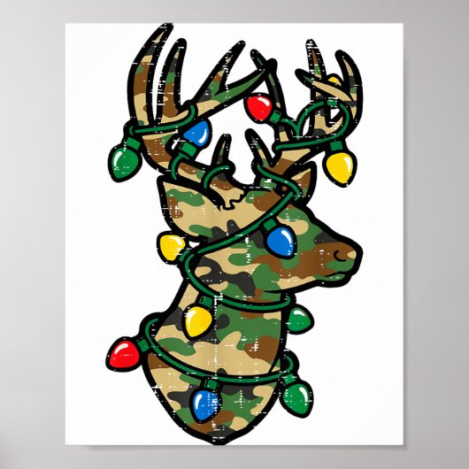 Christmas Reindeer Silhouette Camo Xmas Lights Men Poster (Voorkant)