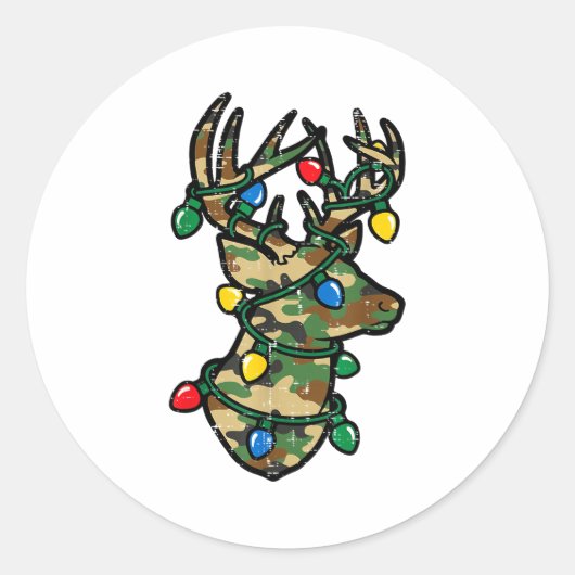 Christmas Reindeer Silhouette Camo Xmas Lights Men Ronde Sticker (Voorkant)