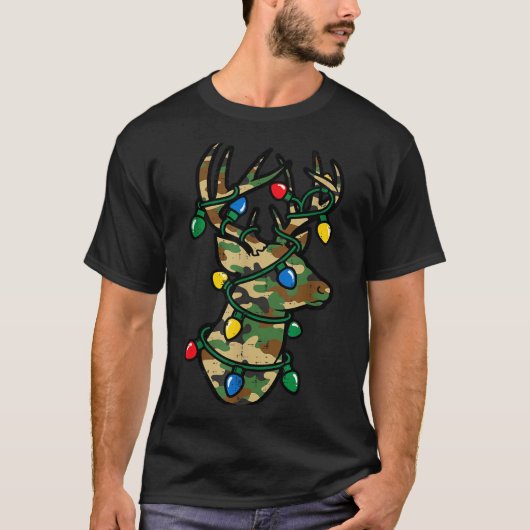Christmas Reindeer Silhouette Camo Xmas Lights Men T-shirt (Voorkant)