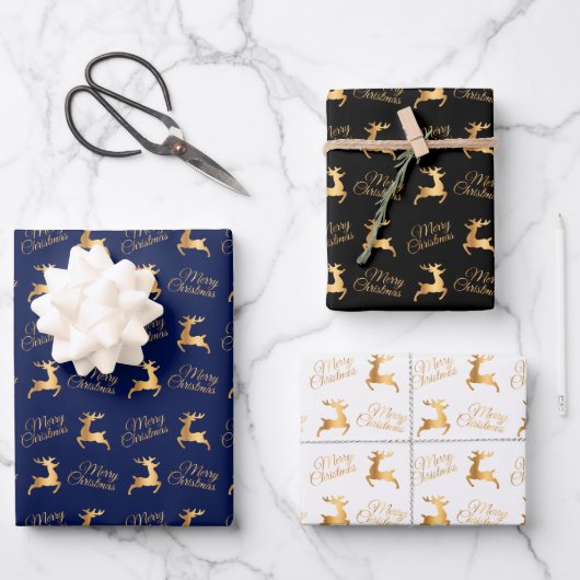 Christmas Reindeers on Navy Blue, Black and White Inpakpapier Vel (Voorkant)