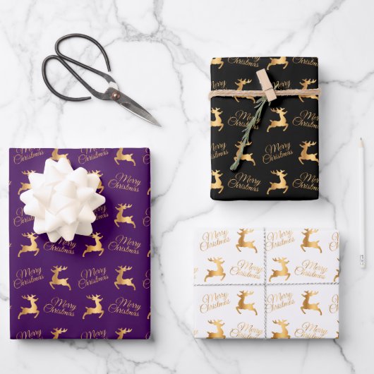 Christmas Reindeers on Purple, Black and White Inpakpapier Vel (Voorkant)