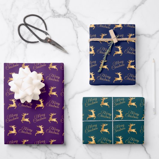 Christmas Reindeers on Purple, Navy and Teal Inpakpapier Vel (Voorkant)