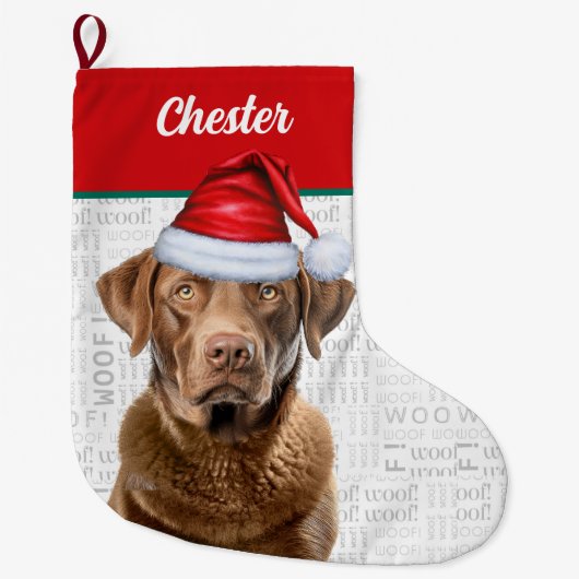Christmas Retriever Hond met Naam Woof Achtergrond Grote Kerstsok (Voorkant)