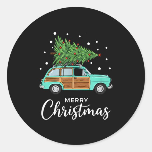 Christmas Retro Car With Christmas Tree - Merry Me Ronde Sticker (Voorkant)