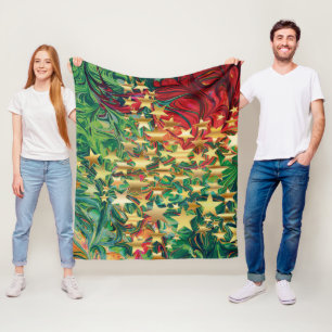 CHRISTMAS Retro Red Green Faux Gold Stars Fleece Deken