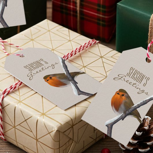 Christmas Robin Bird Season's Greetings Gift Label Cadeaulabel