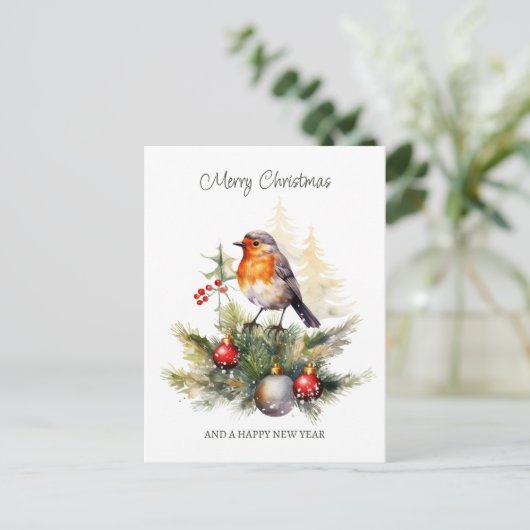 Christmas Robin Pine Baubles Briefkaart (Staand voorkant)
