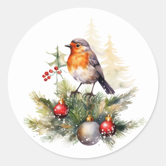 Christmas Robin Pine Baubles Ronde Sticker (Voorkant)