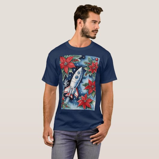 Christmas Rocket Launch With Poinsettias At Night T-shirt (Voorkant volledig)