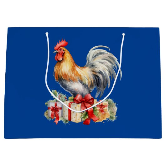 Christmas Rooster & Cadeaus  Graphic Blue Groot Cadeauzakje (Voorkant)