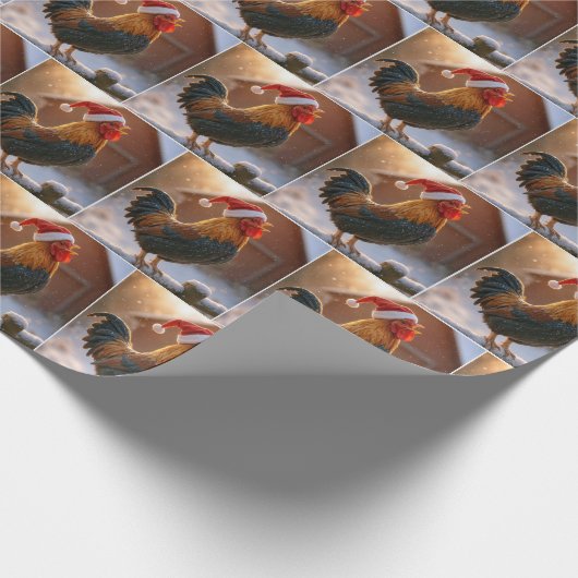 Christmas Rooster Crowing On a Snowy Fence Cadeaupapier (Hoek)