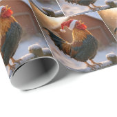 Christmas Rooster Crowing On a Snowy Fence Cadeaupapier (Rol Hoek)