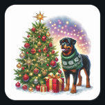 Christmas Rottweiler beroemd gemaakt door The Fest Vierkante Sticker<br><div class="desc">Een vrolijke Rottweiler staat naast een prachtig versierde kerstboom versierd met kleurrijke ornamenten en twinkelende lichtjes.</div>