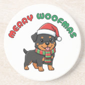 Christmas Rottweiler Coaster: Merry Woofmas Zandsteen Onderzetter (Voorkant)