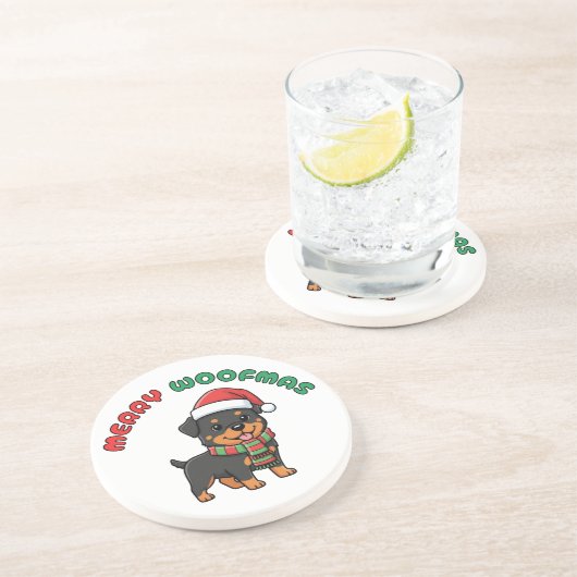 Christmas Rottweiler Coaster: Merry Woofmas Zandsteen Onderzetter (Zijkant)